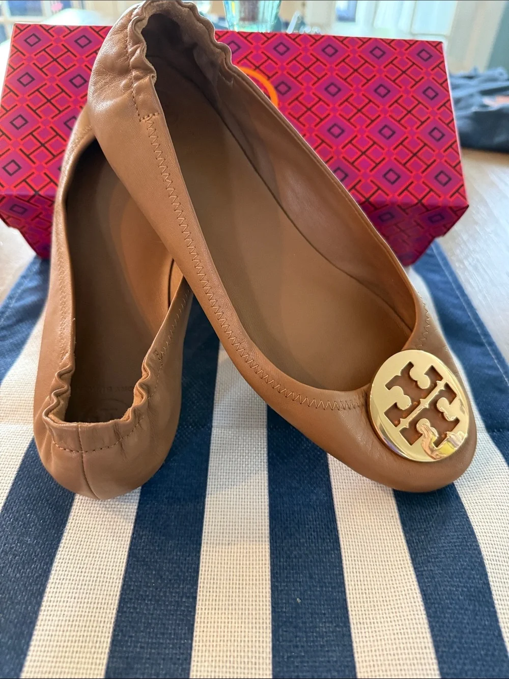 Tory Burch Royal Tan/Gold Leather Ballet Flats with Gold Logo Medallions